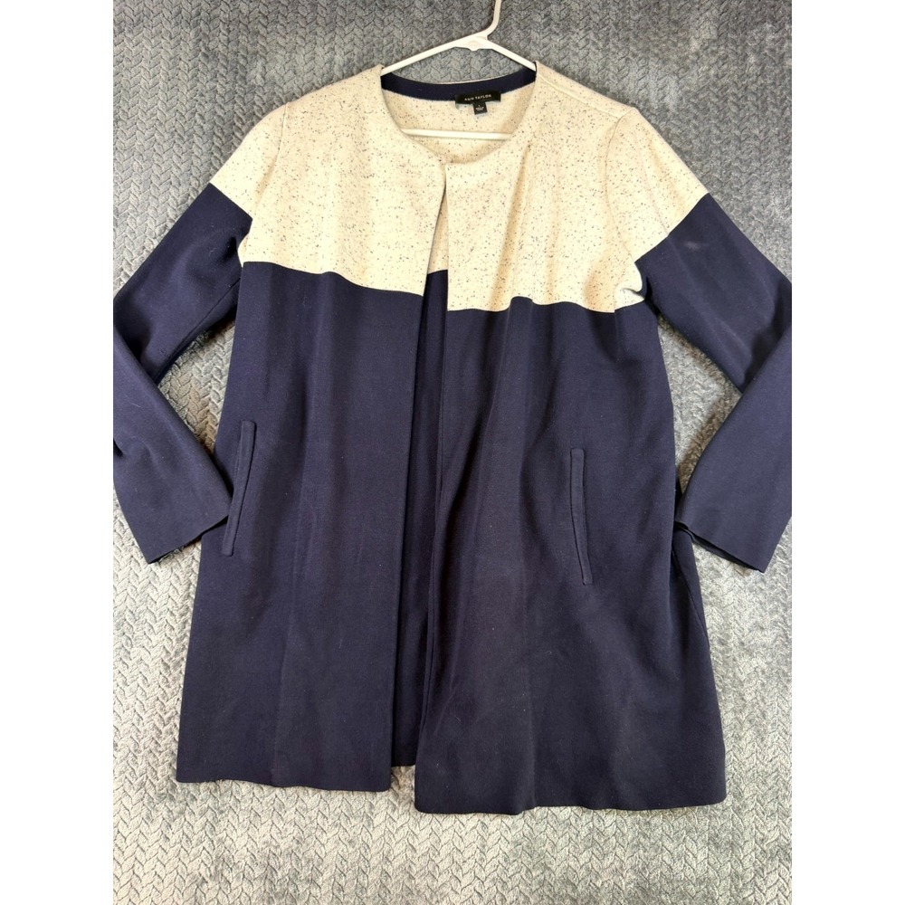 Ann Taylor Cardigan Sweater Women Large Blue Beige Colorblock Stretch Open Front